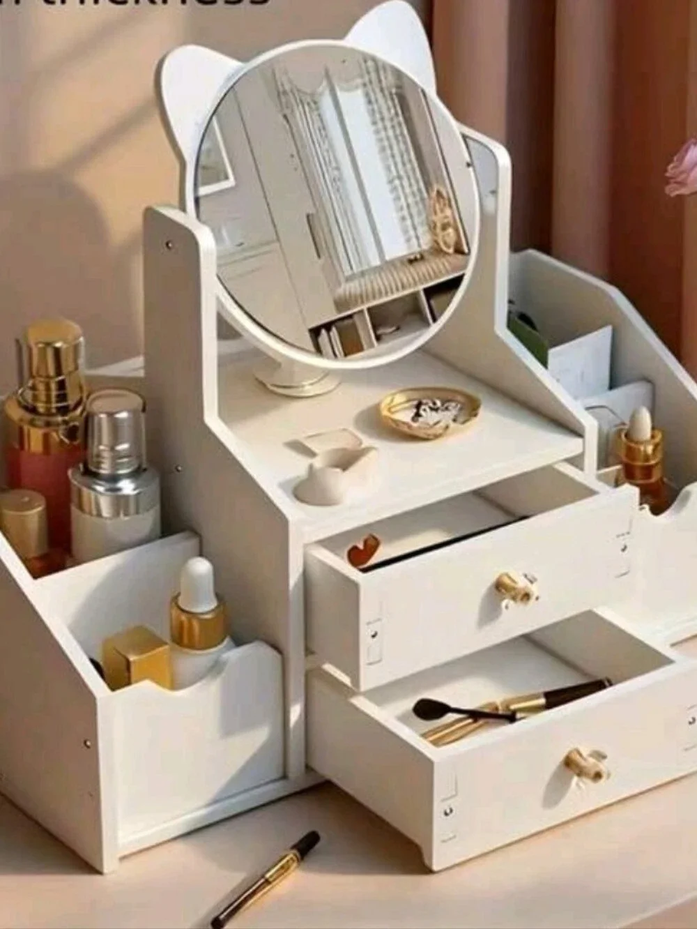 White Wooden Makeup Organizer with Mirror - Compact Vanity Storage